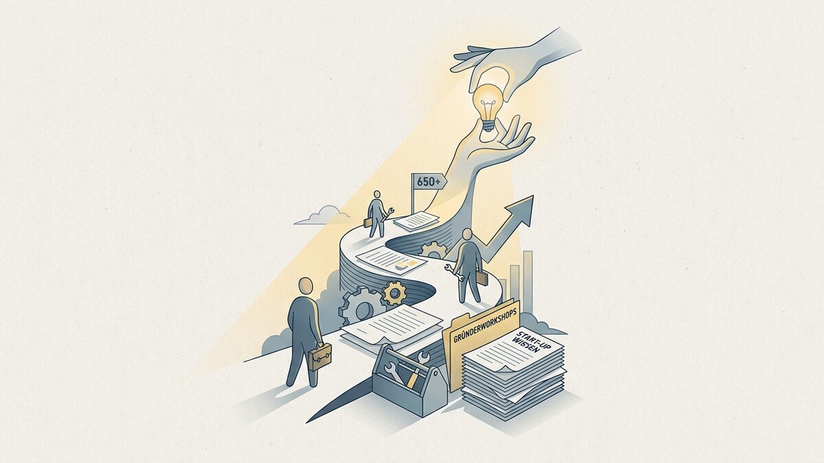 Gründer und Wissen: Illustration einer Idee, die über einen Weg mit Dokumenten und Werkzeugen überreicht wird.
