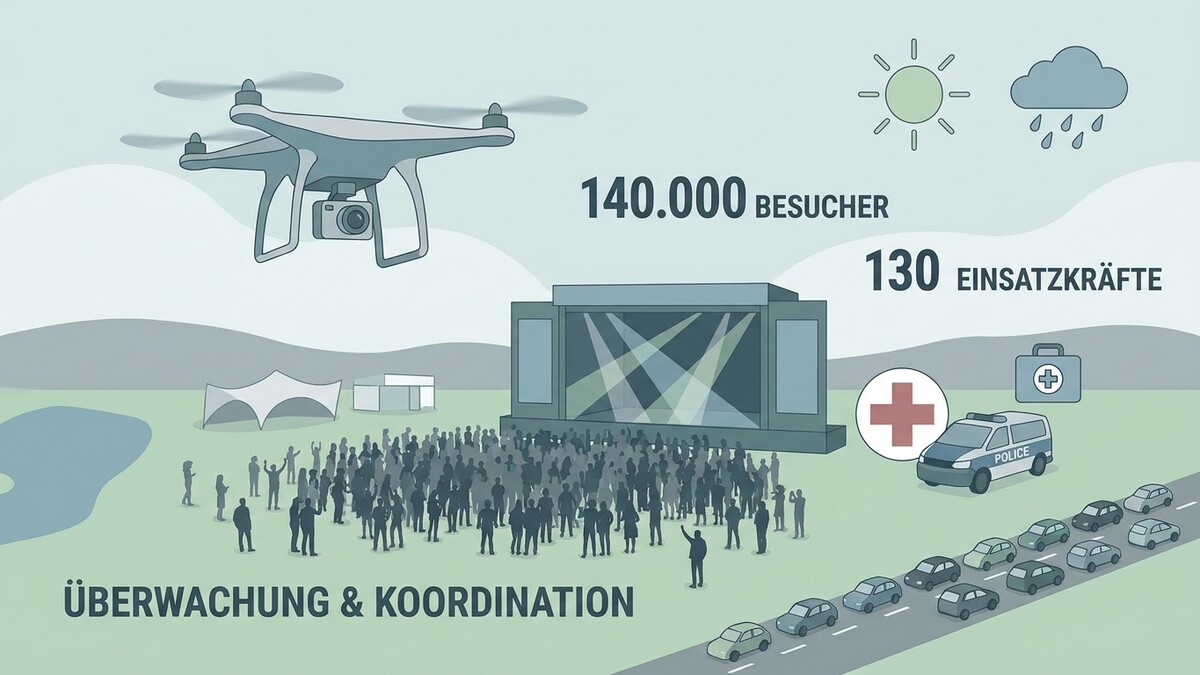 Drohne mit Kamera über Festivalgelände mit 140.000 Besuchern, 130 Einsatzkräften, Bühne, Polizei und Autos