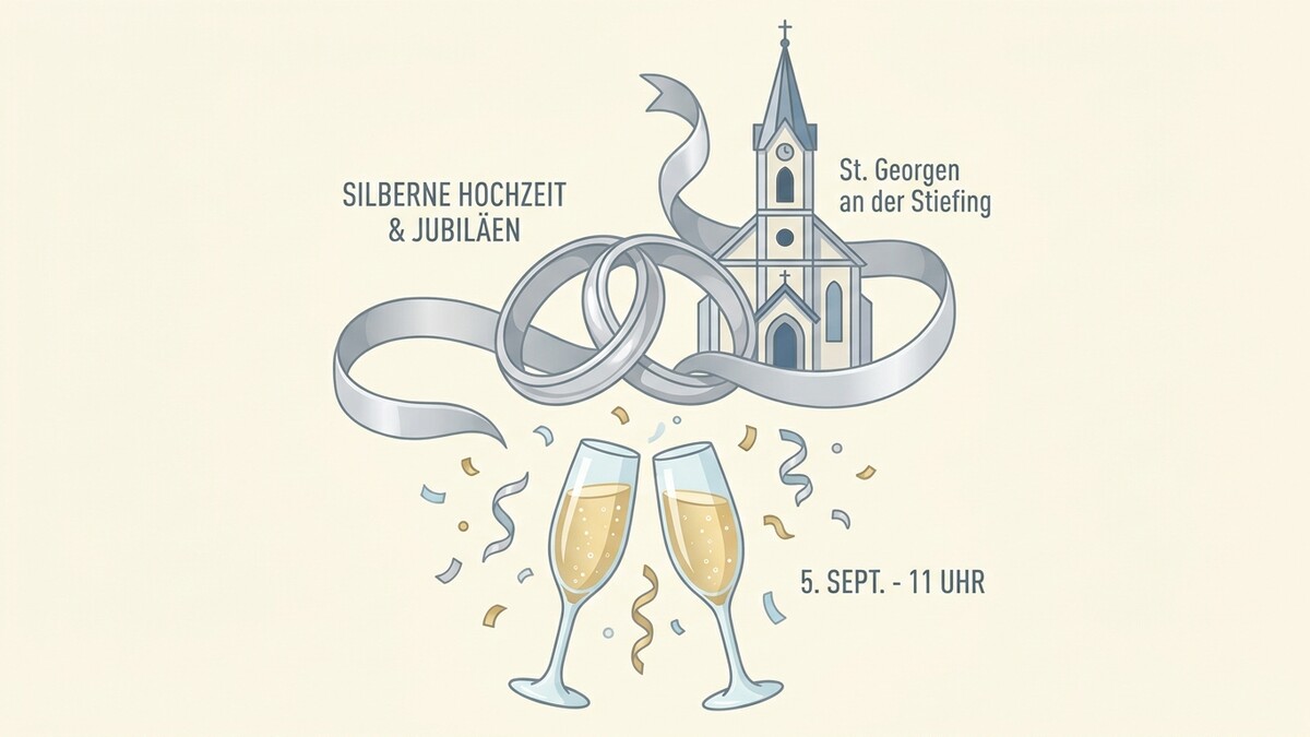 Silberne Hochzeit St. Georgen an der Stiefing mit Kirche und Sektgläsern
