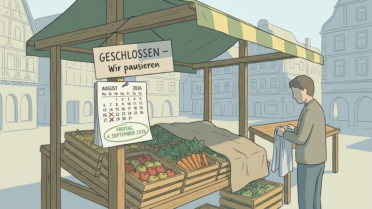 Marktstand mit Kalender August 2026 und Mann mit Tuch vor Gebäuden