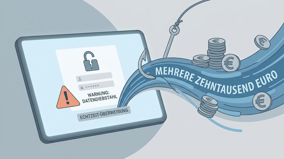 Datendiebstahl: Warnung auf Tablet, Haken mit Euro-Münzen und Text "Mehrere zehntausend Euro"