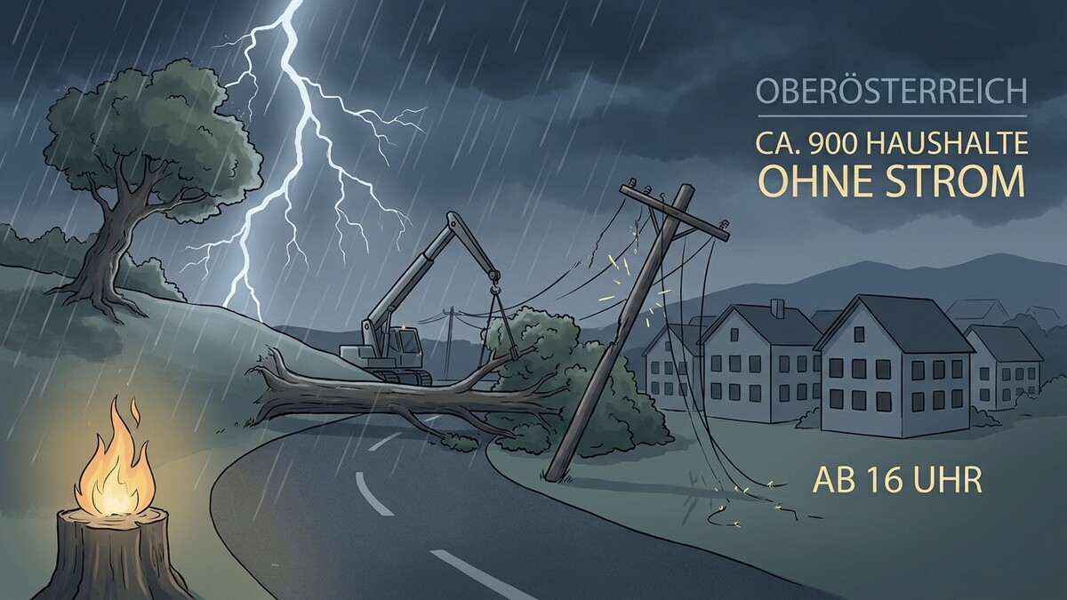 Oberösterreich: Sturm mit Blitz und Regen lässt Baum auf Stromleitung stürzen, ca. 900 Haushalte ohne Strom.