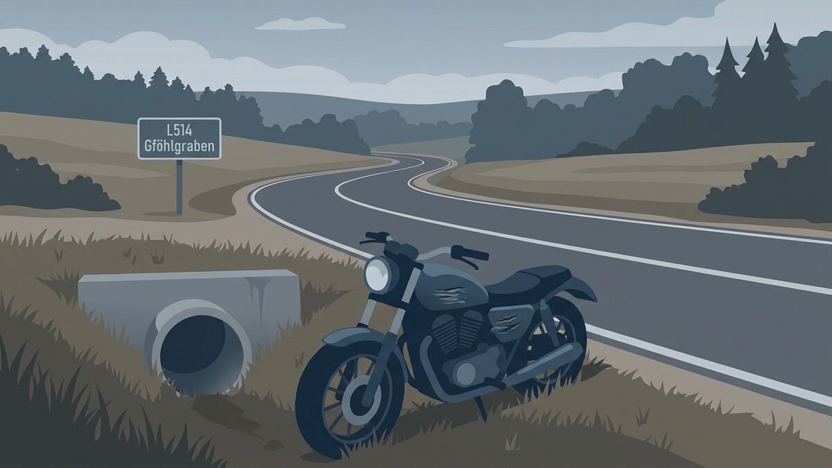Motorrad neben L514 Gföhlgraben Schild mit Betonrohr und kurviger Straße