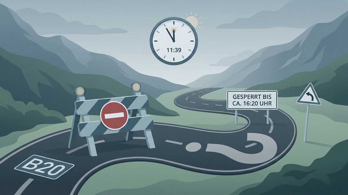 Straßensperre auf der B20 in Berglandschaft mit Uhr und Hinweisschild