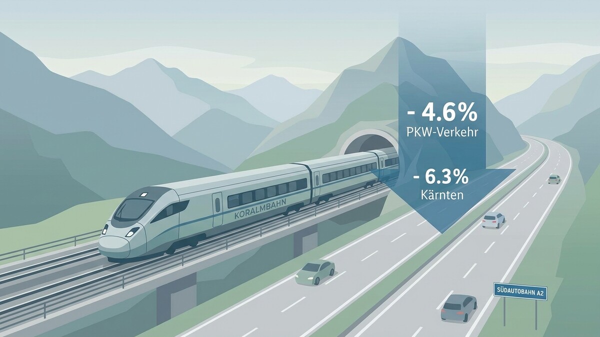 Koralmbahn-Zug fährt neben der Südautobahn A2 in Kärnten, mit Verkehrsrückgang.