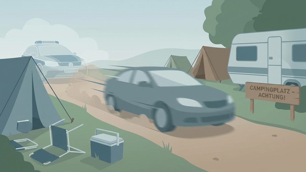 Campingplatz: fahrendes Auto und Polizeifahrzeug, Wohnwagen und Zelte