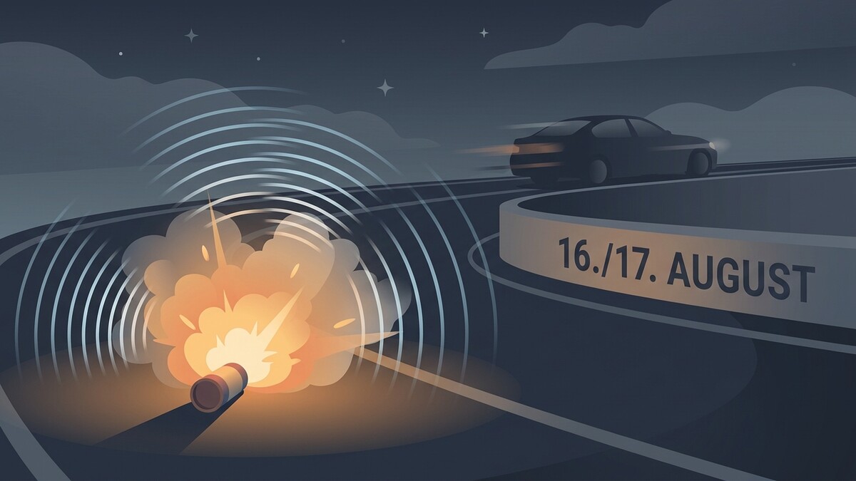 Explosion auf der Straße mit Schallwellen und einem vorbeifahrenden Auto, 16./17. August