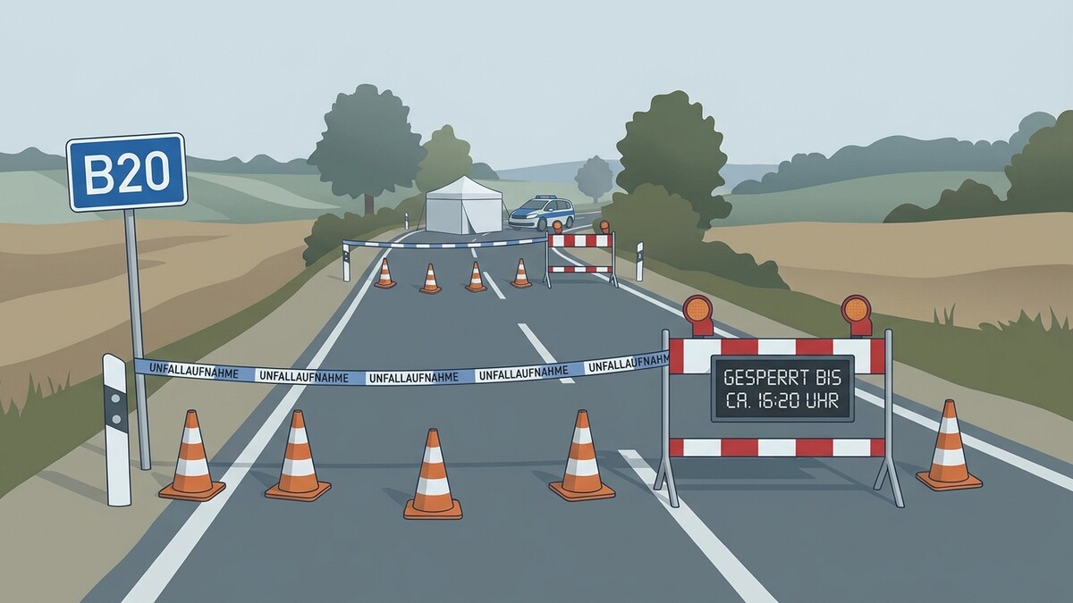B20 Umleitung wegen Unfallaufnahme mit Absperrungen und Polizeifahrzeug.