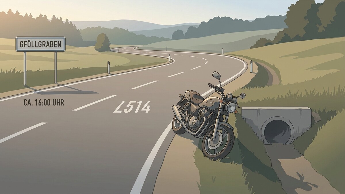 Motorrad bei Geföllgraben an der L514 um ca. 16:00 Uhr