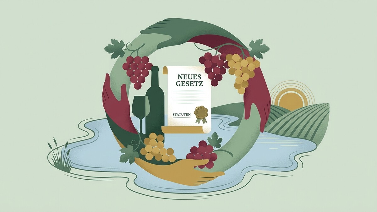 Neues Gesetz mit Weinflasche, Trauben, Händen, See und Weinbergen