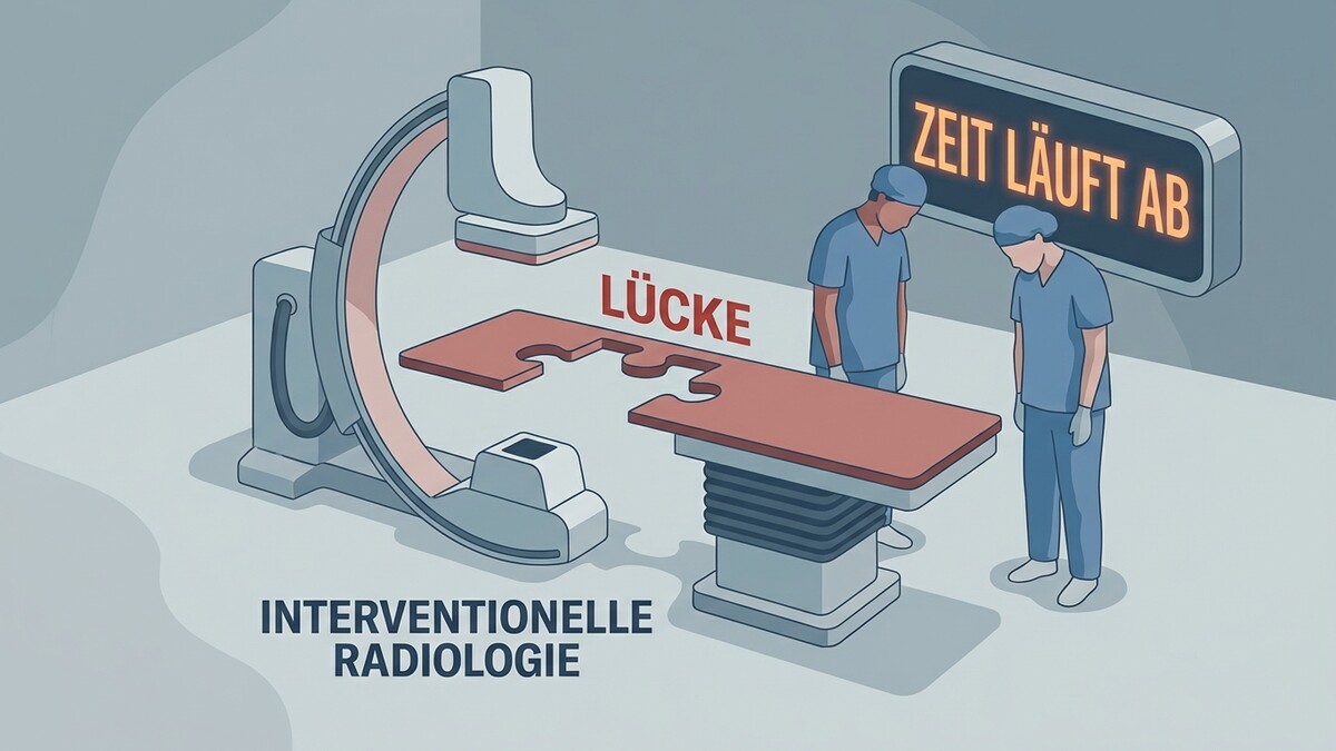 Interventionelle Radiologie: zwei Ärzte vor einem C-Bogen und OP-Tisch mit Lücke, Zeit läuft ab.