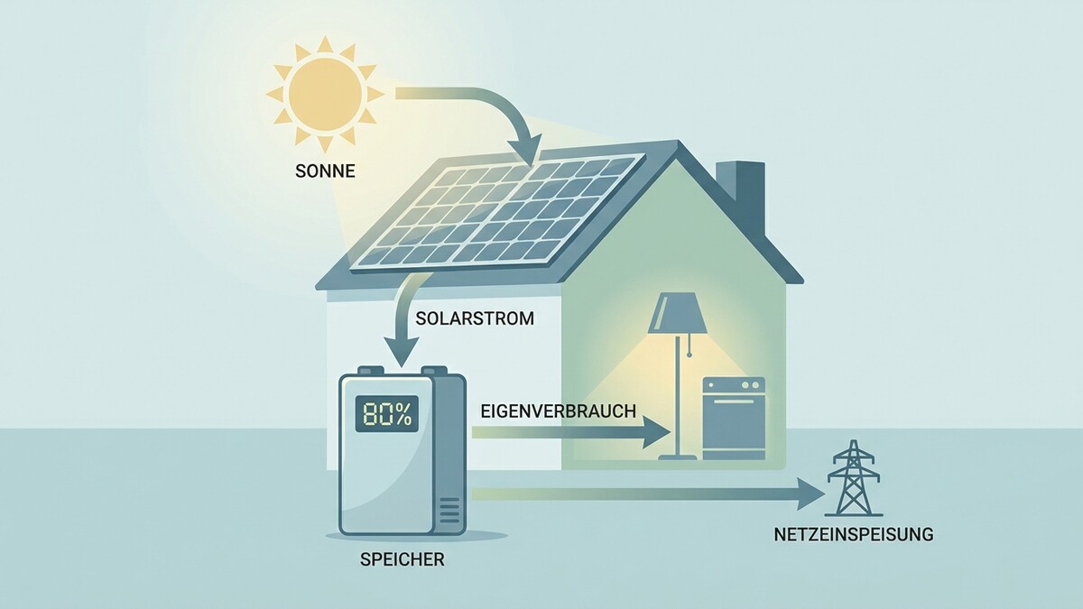 Solarstrom: Sonne, Solaranlage, Speicher, Eigenverbrauch und Netzeinspeisung eines Hauses.