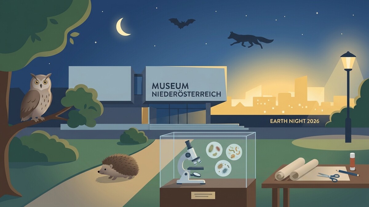 Museum Niederösterreich bei Nacht mit Eule, Igel, Fledermaus, Fuchs und Mikroskop