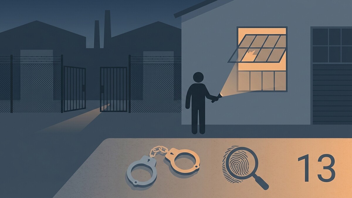 Gittertor mit Scheinwerferlicht, Handschellen, Fingerabdruck und die Zahl 13