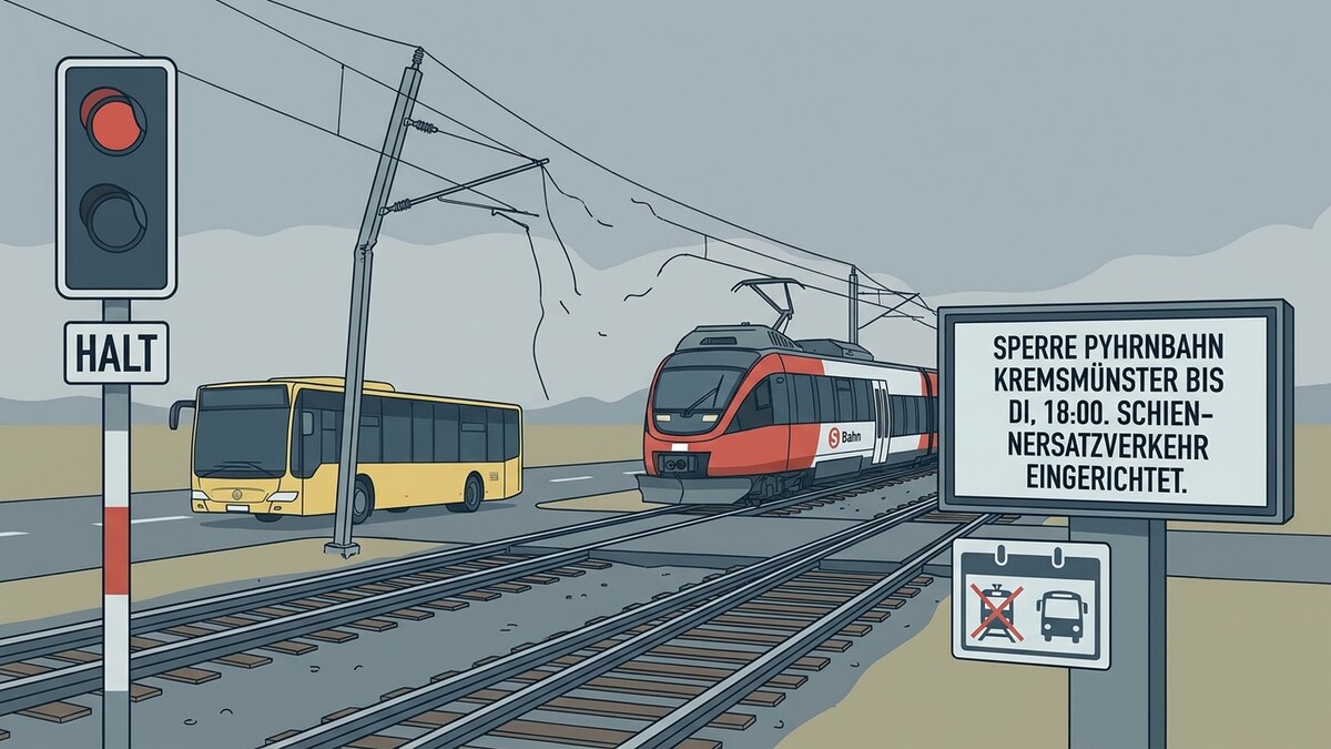 Bahnübergang Pyhrnbahn mit rotem Signal, Haltetafel, gelbem Bus und rotem S-Bahn-Zug.
