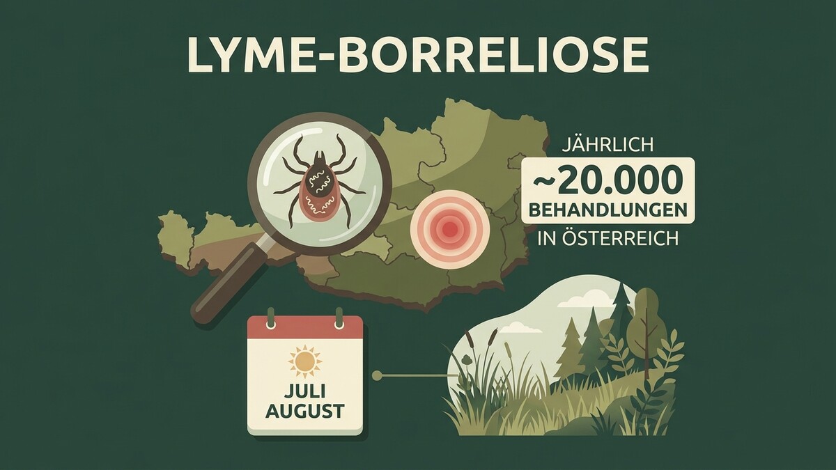Lyme-Borreliose-Statistik Österreich: Zeckensymbol, Karte Österreich, Kalender Juli/August, Wald und Wiese