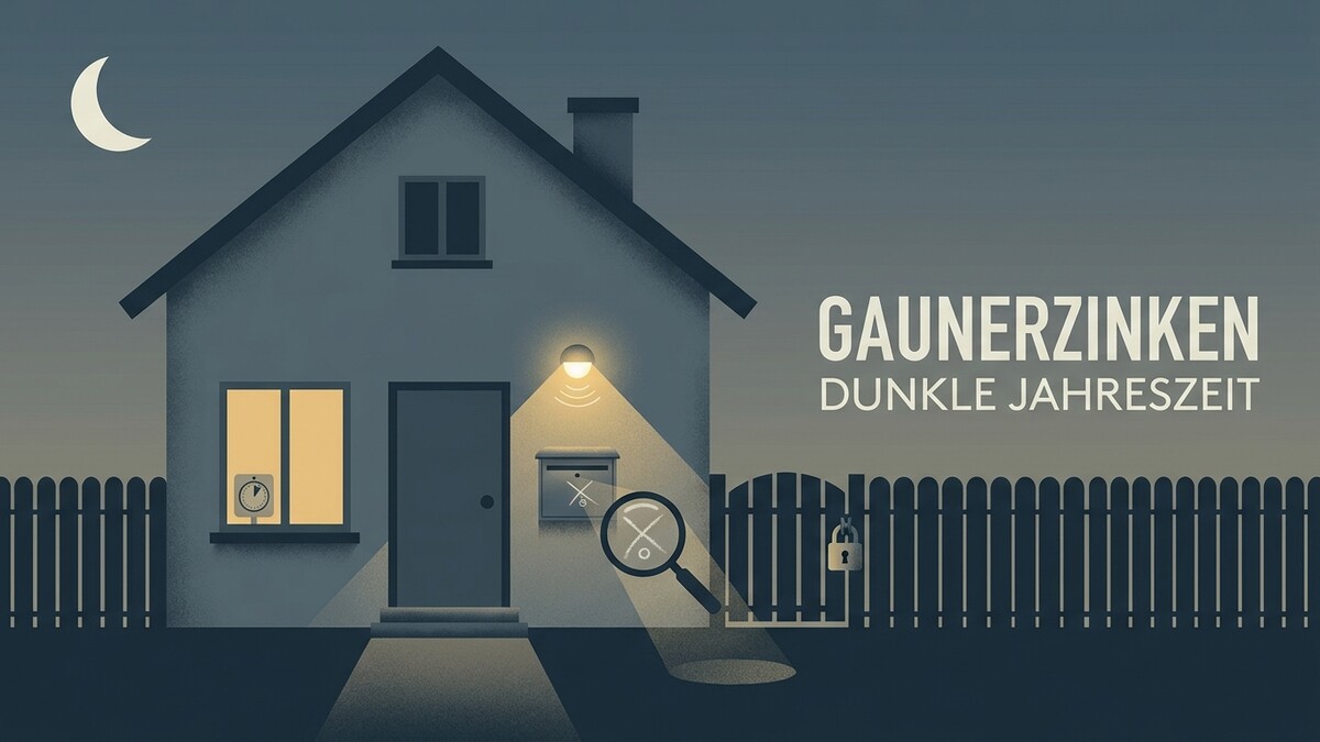 Gaunerzinken im Dunkeln: Haus mit Briefkasten, Lupe, Mond und Schloss