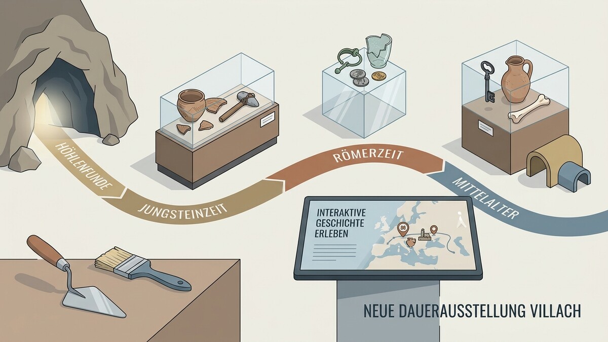 Ausstellung Villach: Höhlenfunde, Jungsteinzeit, Römerzeit und Mittelalter mit Fundstücken und interaktivem Bildschirm