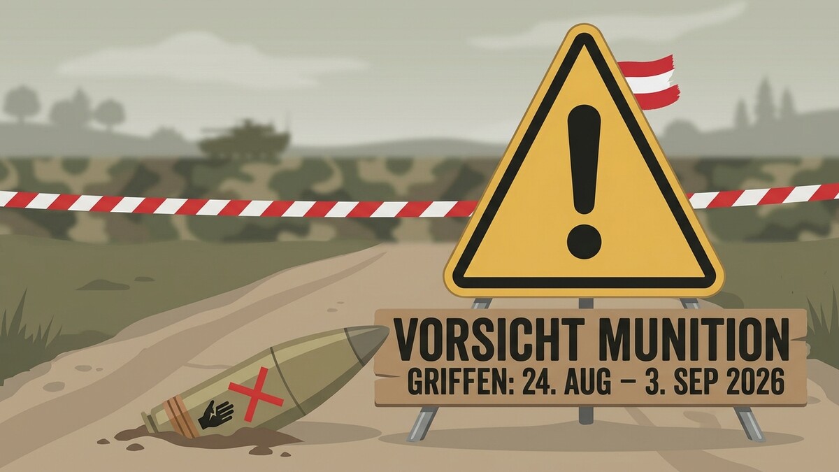 Munitionswarnung mit Schild und Panzergranate in Österreich, 24. Aug. - 3. Sep. 2026