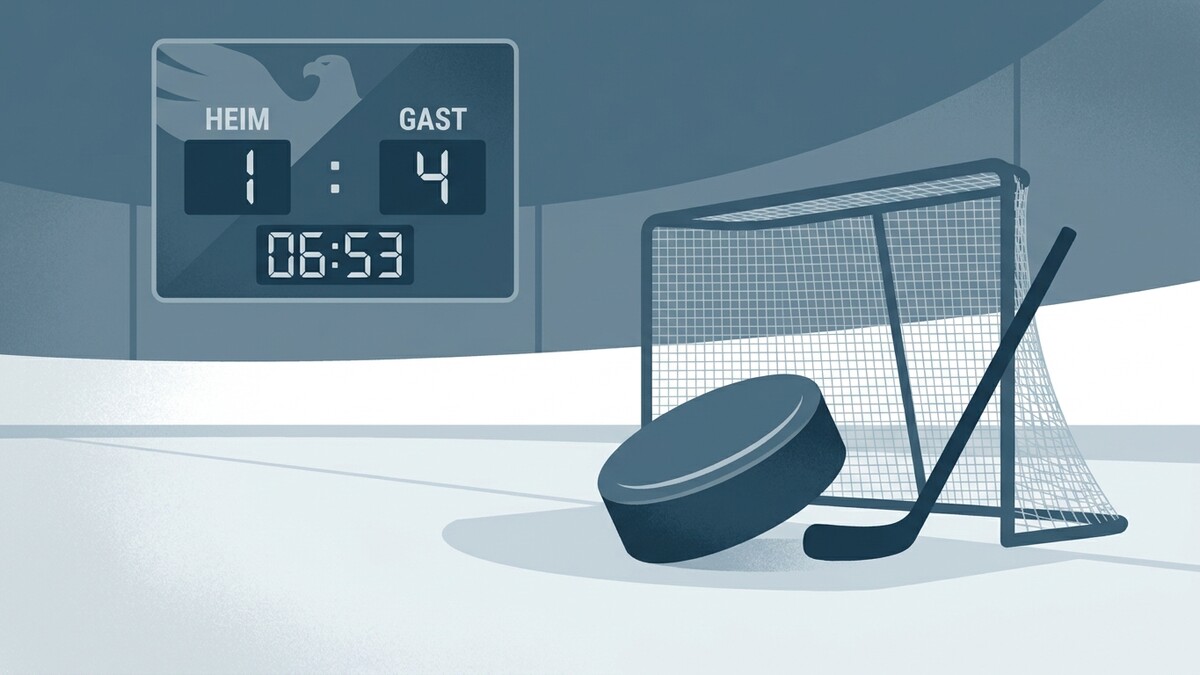 Eishockey: Spielstand 1:4, Zeit 06:53, Puck und Schläger vor Tor