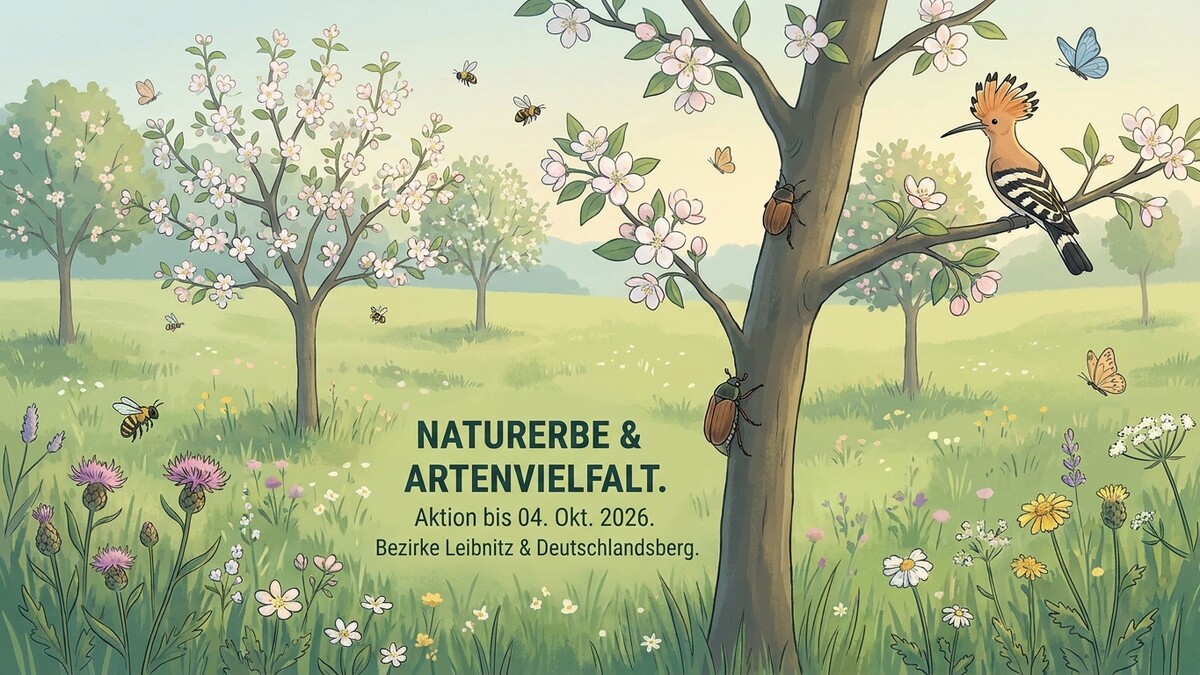 Naturerbe & Artenvielfalt: Bienen, Käfer, Wiedehopf und Schmetterlinge auf blühender Wiese mit Bäumen