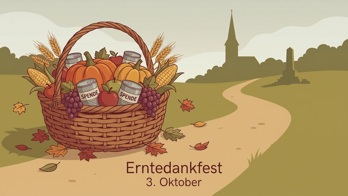 Erntedankkorb mit Kürbissen, Äpfeln, Mais und Spendenkonserven vor Kirche und Denkmal