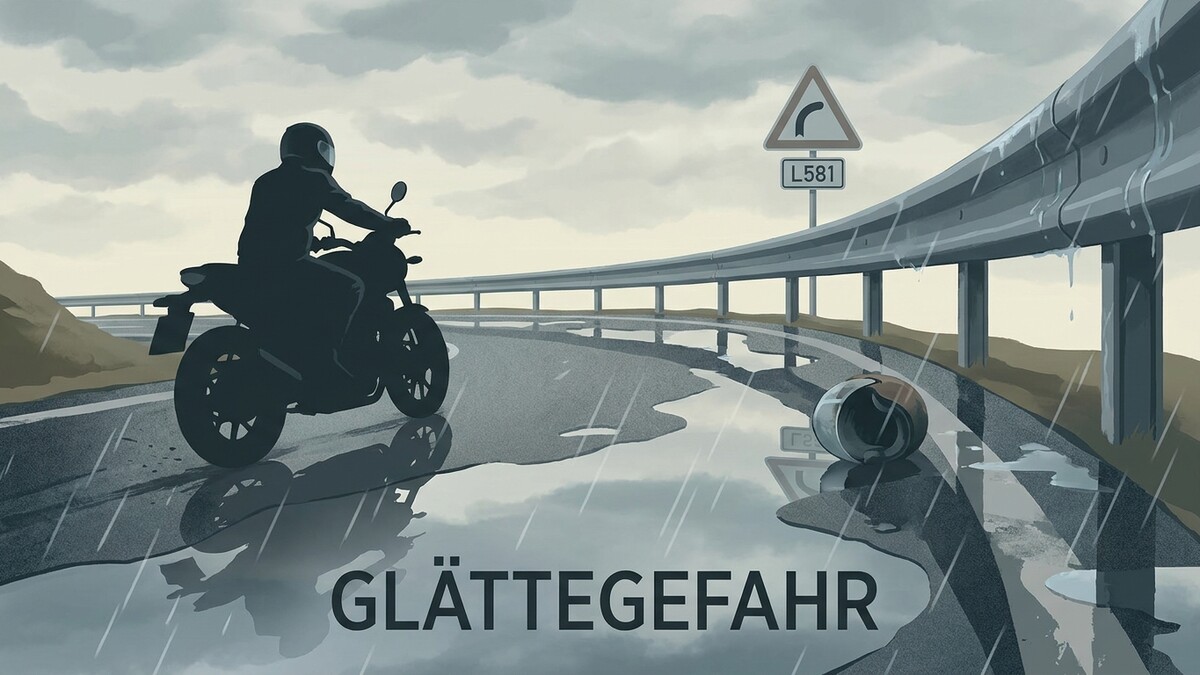 Motorradfahrer auf nasser Straße mit Helm am Boden in Kurve L581
