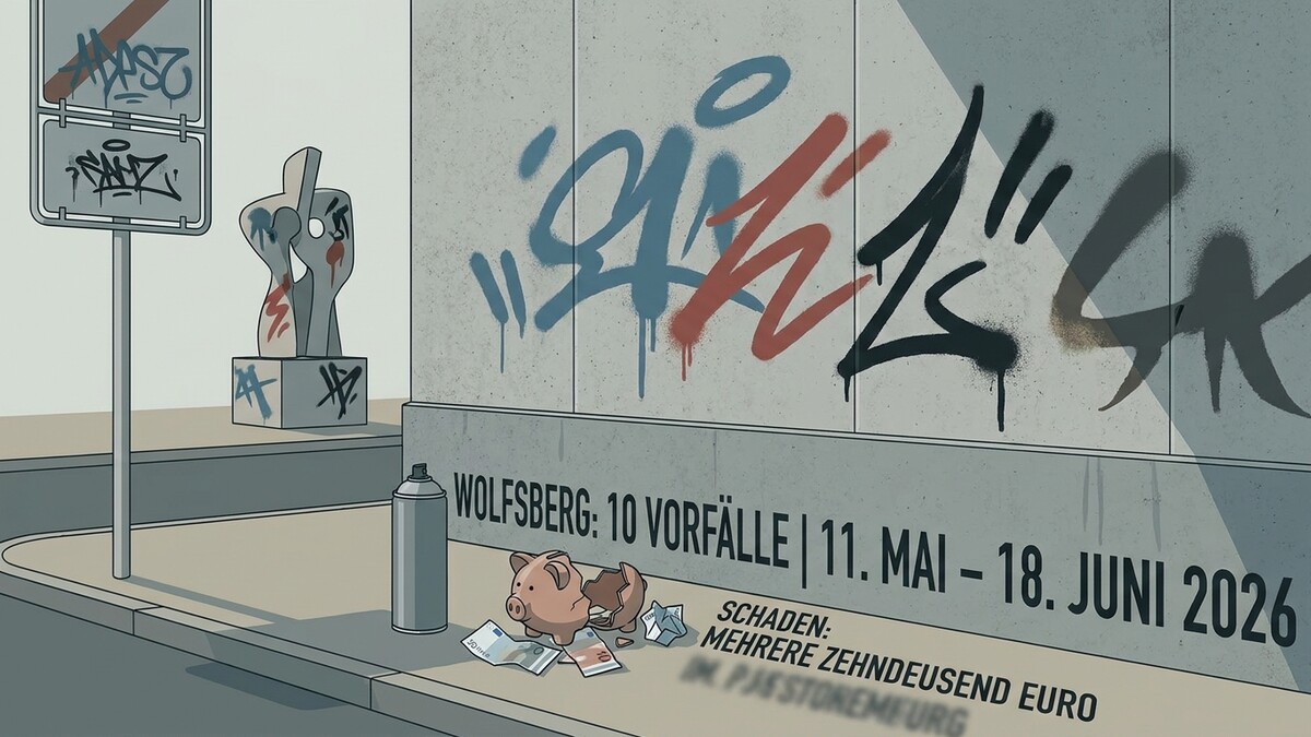 Graffiti an Mauer und Skulptur, zerbrochene Sparschwein mit Geldscheinen, Wolfsburg 10 Vorfälle 11. Mai – 18. Juni 2026
