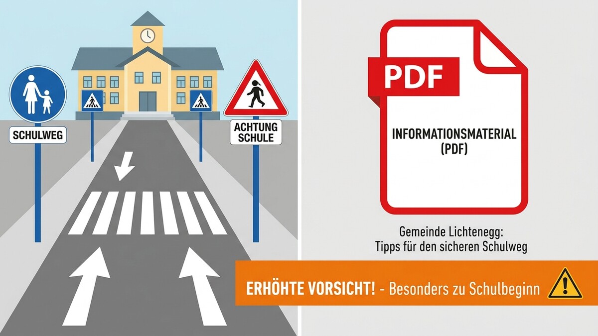 Schulweg: Zebrastreifen, Schilder "Schulweg" und "Achtung Schule" vor Schulgebäude; Gemeinde Lichtenegg: Tipps für sicheren Schulweg