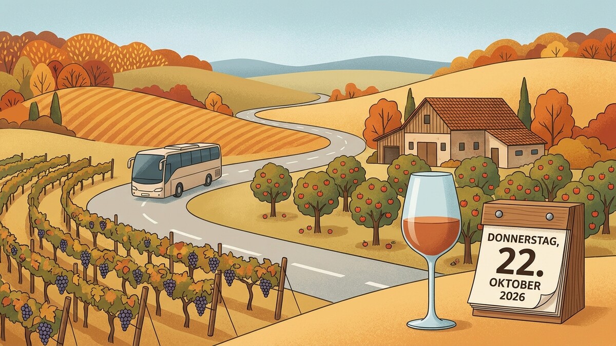 Busfahrt zur Erntezeit mit Wein und Kalenderblatt 22. Oktober 2026