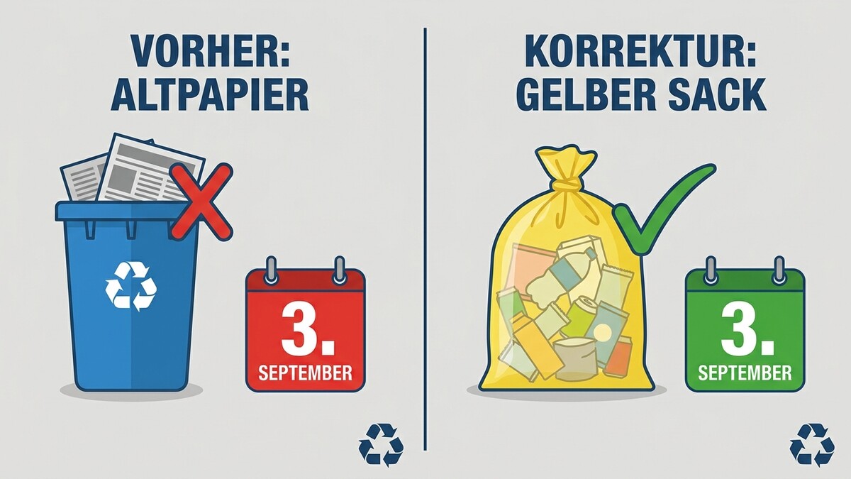 Gelber Sack statt Altpapier: Illustration zeigt korrekte Mülltrennung für den 3. September
