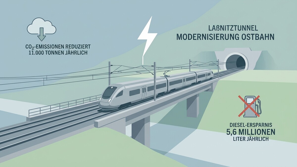 Laßnitz-Tunnel Modernisierung Ostbahn: Zug auf Brücke, CO2-Reduktion und Dieselersparnis