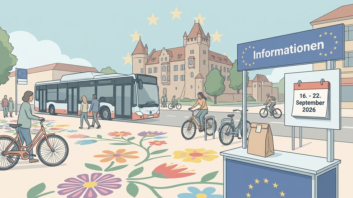 Informationen zur EU-Woche vom 16.-22. September 2026 mit Bus, Radfahrern und Schloss