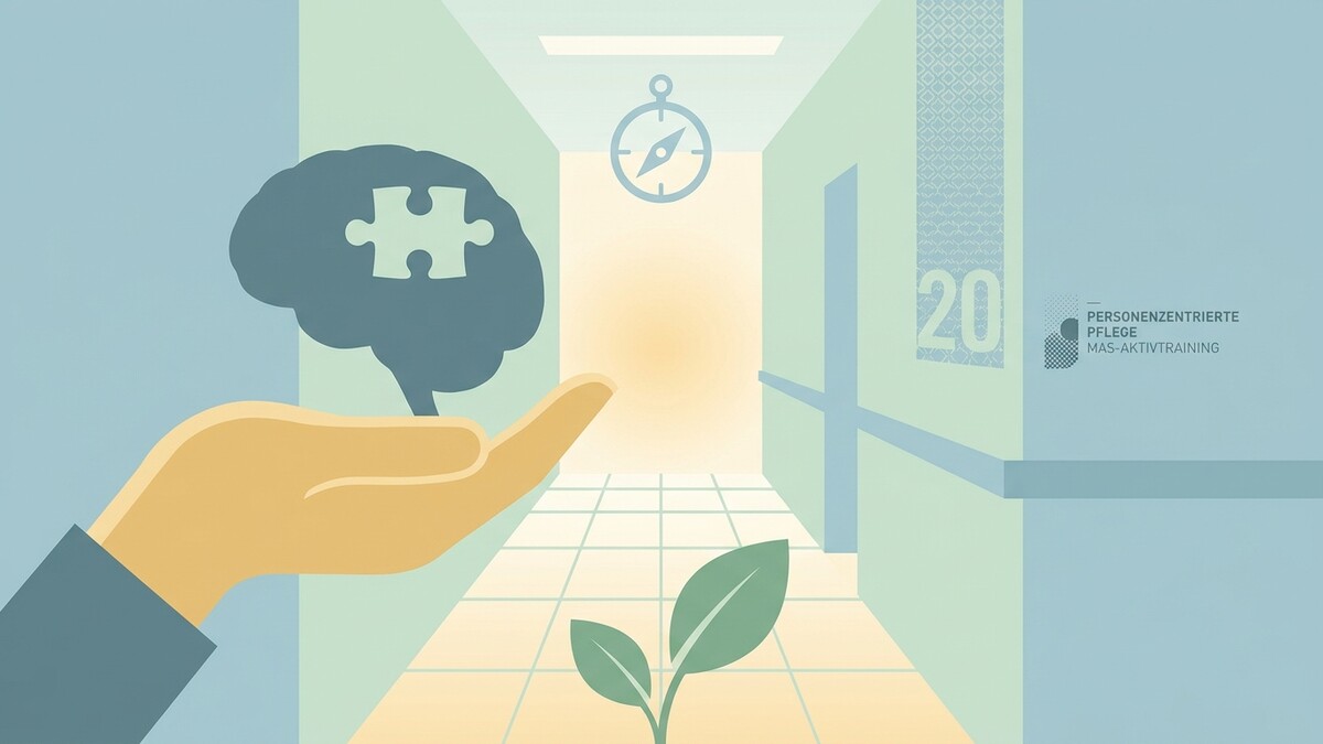 Gehirn mit Puzzle-Teil in Hand, Kompass und Pflanze in Klinikflur