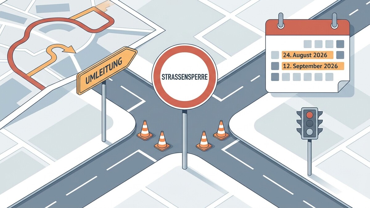 Straßensperre mit Umleitung, Verkehrskegeln und Kalenderdaten 24. August und 12. September 2026