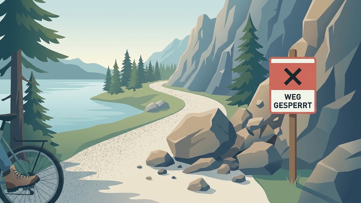 Weg gesperrt Schild an einem Bergsee mit Radfahrer im Vordergrund