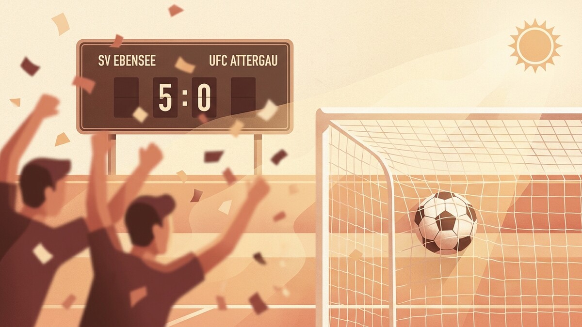 Fußballspiel SV Ebensee gegen UFC Attergau 5:0 mit jubelnden Fans und Tor