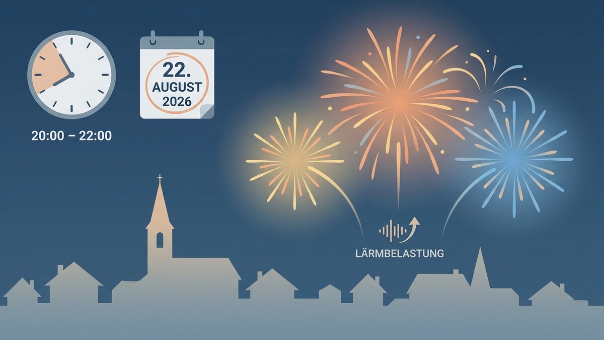 Feuerwerk über der Stadt am 22. August 2026 von 20:00 bis 22:00 Uhr zeigt Lärmbelastung.
