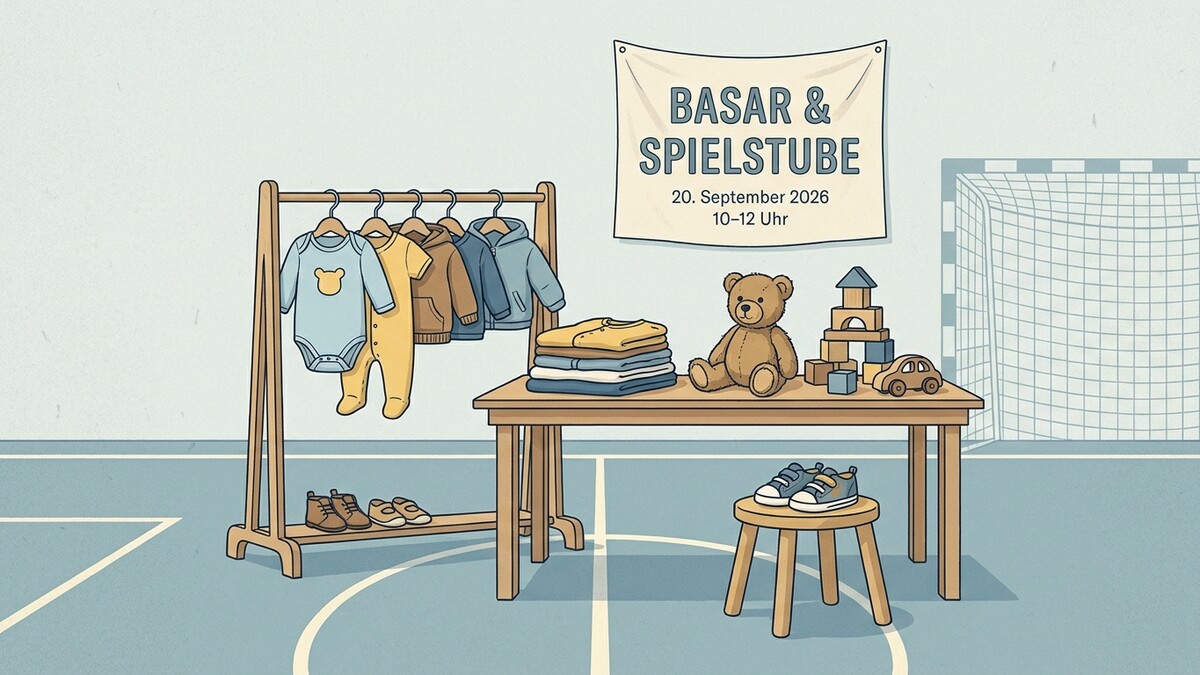 Basar und Spielstube mit Kleidung, Spielzeug und Schuhen in einer Sporthalle