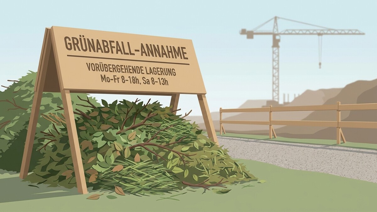 Grünschnitt-Annahme mit Schild und Kran im Hintergrund