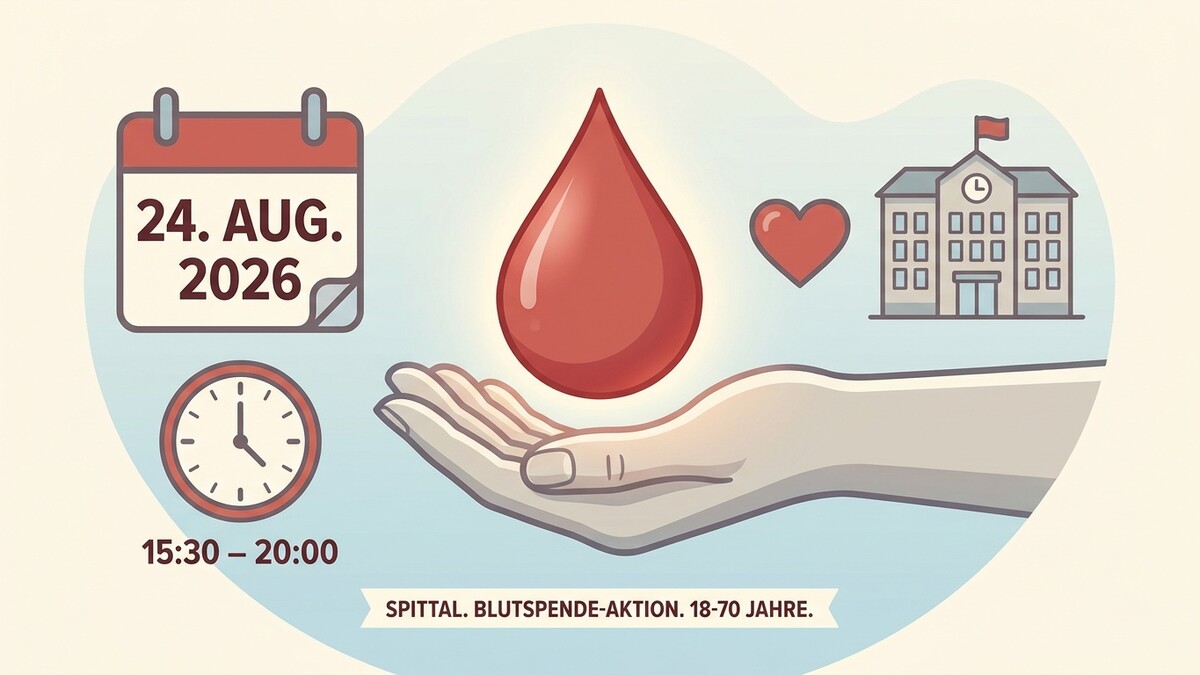 Blutspende-Aktion am 24. Aug. 2026 von 15:30–20:00 Uhr in einem Spital.