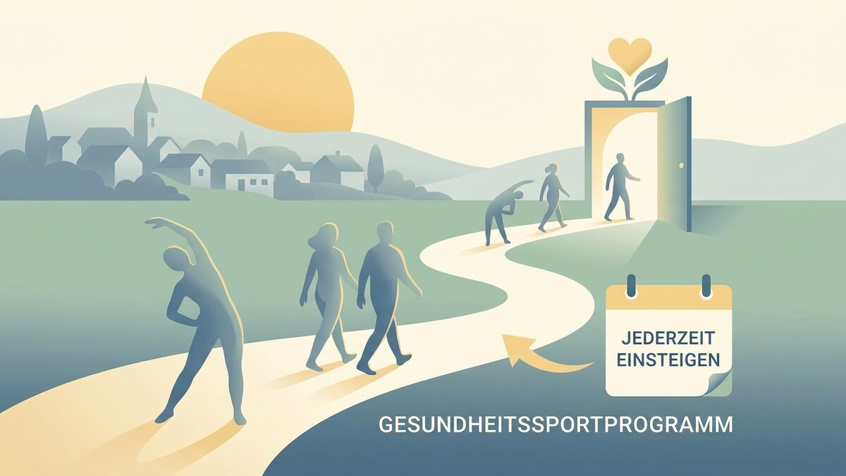 Gesundheitssportprogramm: Menschen gehen auf einem Weg zu einer offenen Tür, Kalender mit Text.