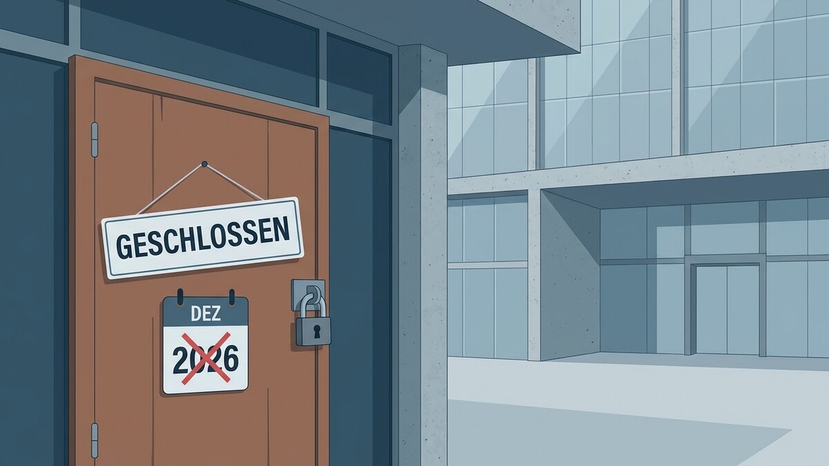 Geschlossen-Schild und Kalender mit Datum 2026 an einer Holztür vor modernem Gebäude