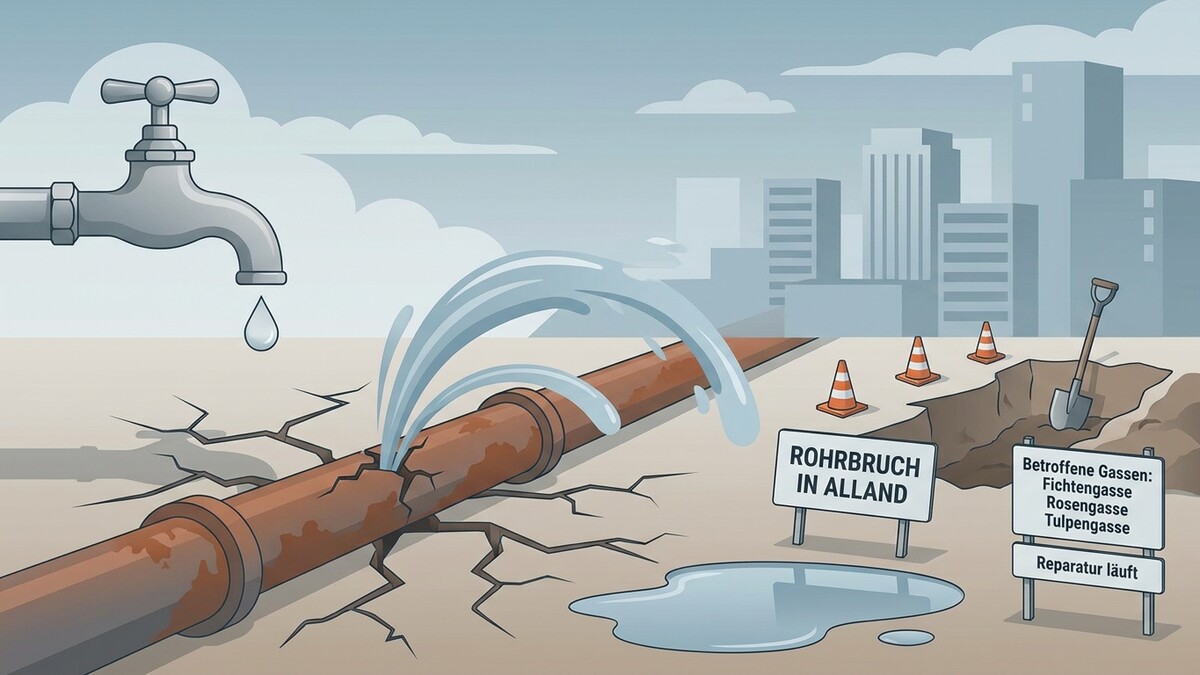 Rohrbruch in Alland: Fichtengasse, Rosengasse, Tulpengasse. Reparatur läuft.