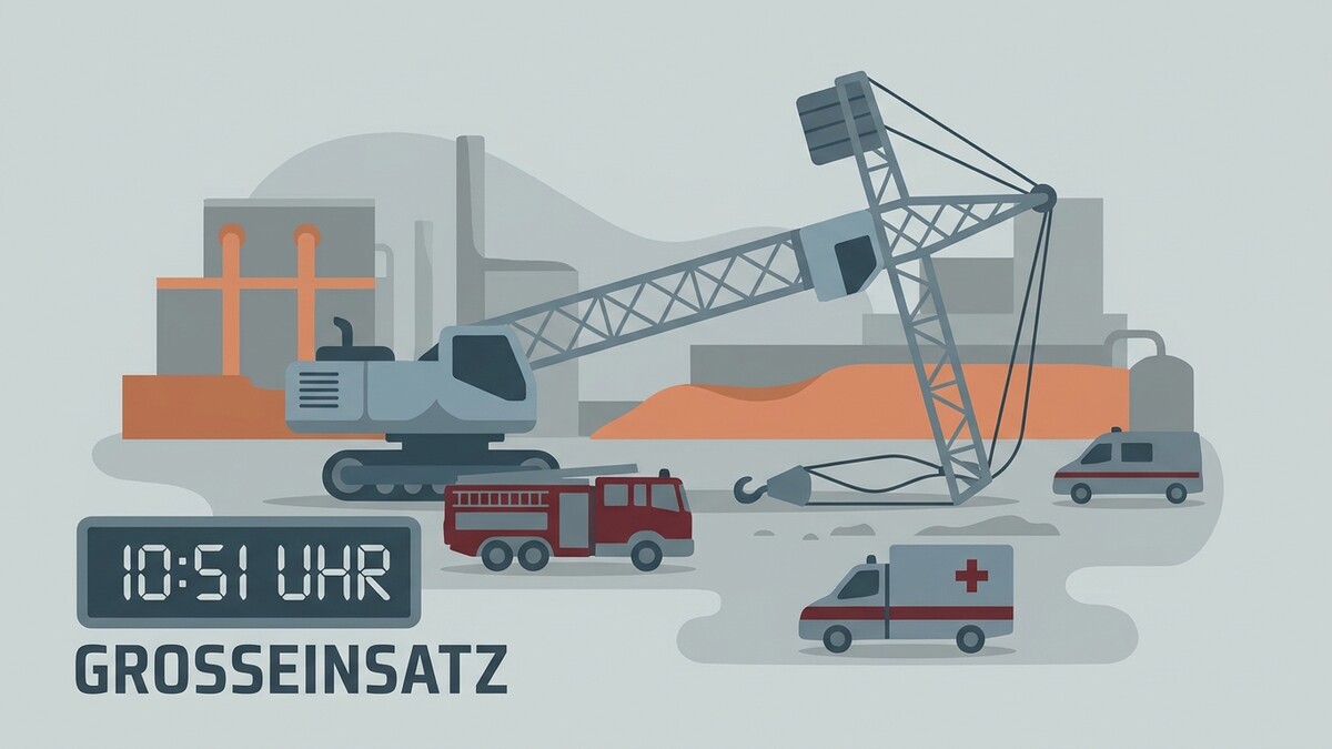 Großeinsatz: Kran, Bagger und Rettungsfahrzeuge im industriellen Umfeld