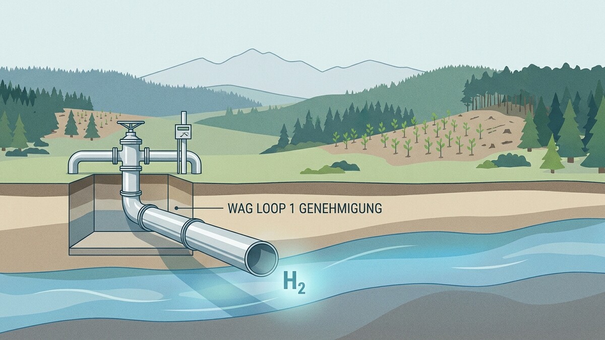 Wasserstoffleitung H2 unter Wasser, WAG Loop 1 Genehmigung in Berglandschaft
