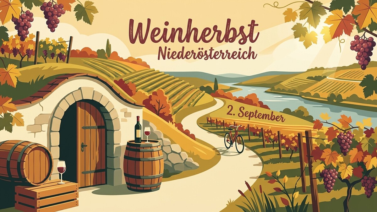 Weinlese in Niederösterreich mit Weinkeller, Fässern und Weinbergen am 2. September