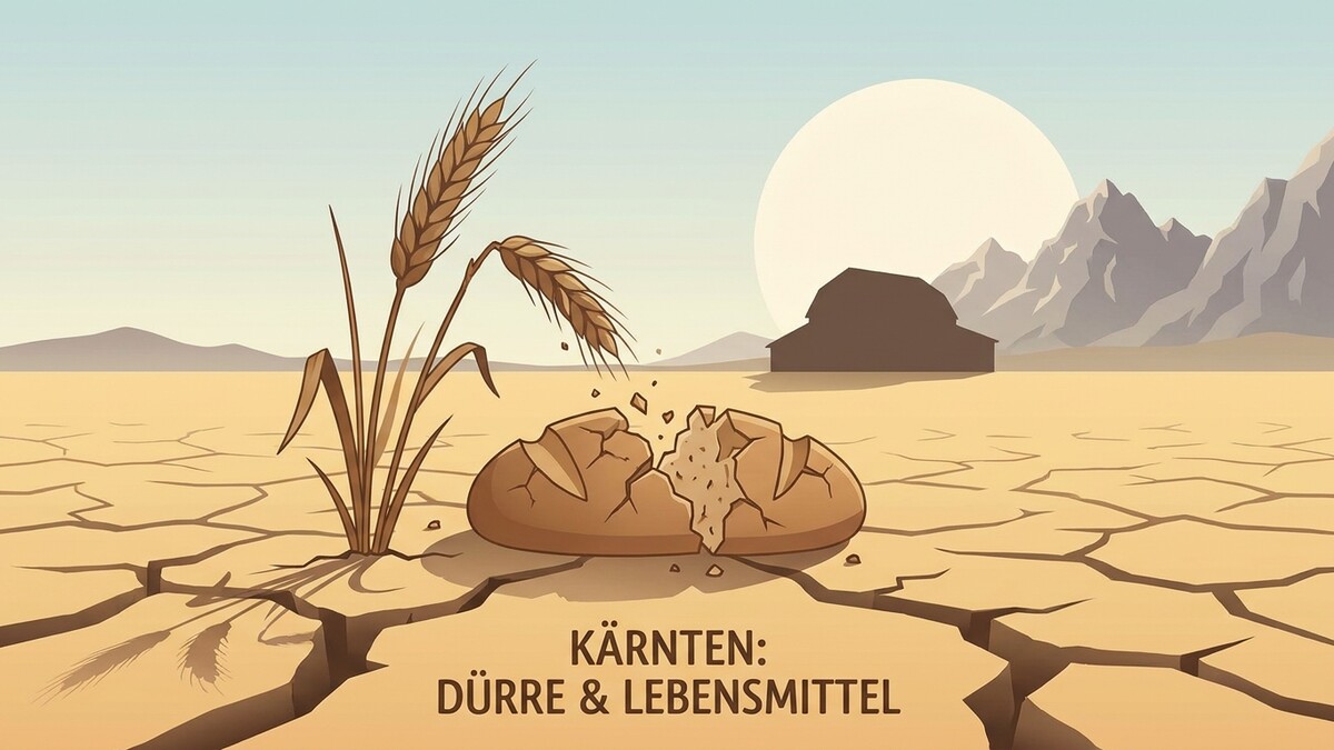 Kärnten: Dürre und Lebensmittel, zerbrochenes Brot und Getreide in ausgetrockneter Landschaft