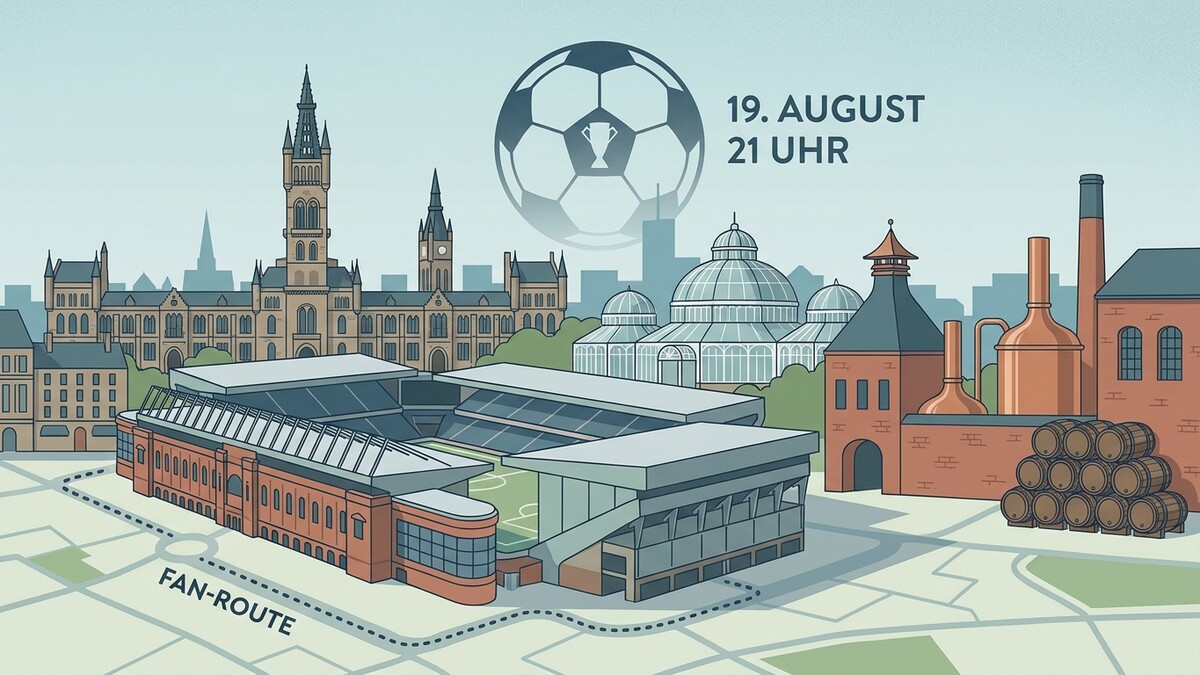 Fußballspiel am 19. August um 21 Uhr in Glasgow mit Fan-Route vor dem Stadion und historischen Gebäuden.