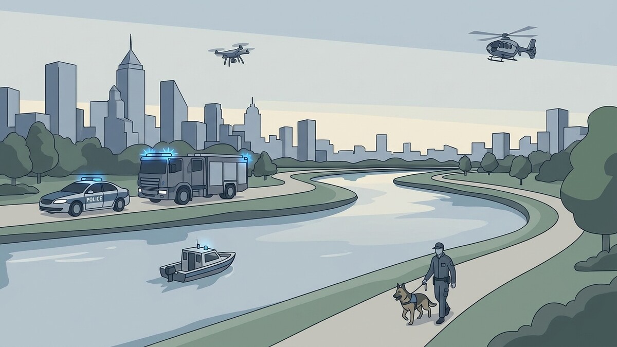 Polizeistreife, Feuerwehr, Boot, Drohne, Helikopter und Hundeführer mit Hund im Einsatz an einem Fluss in der Stadt